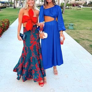 Farm Rio Long Sleeve Cutout Satin Dress Blue